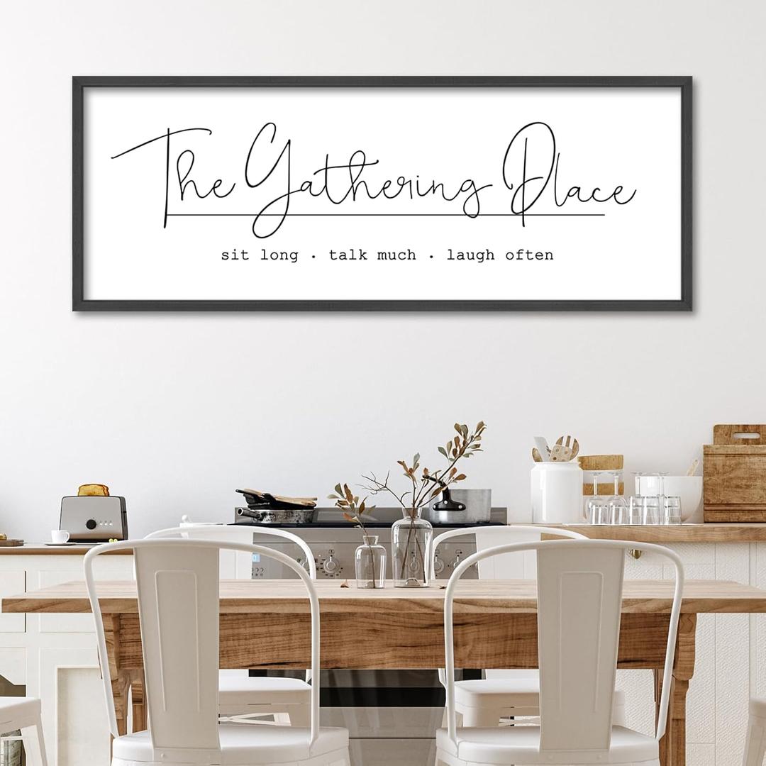 YWJKWLGS The Gathering Place Wall Art Decor Sign Wall Decor 32x12 Inch Modern Calligraphy Minimalist Wooden Hanging Plaque for Dining Room Kitchen Living Room Large Rustic Framed (Black)