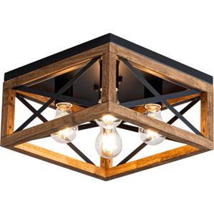 Farmhouse Ceiling Light, 4-Light Flush Mount Ceiling Light with Black Metal and Wood, Rustic Light Fixture for Hallway, Entryway, Kitchen