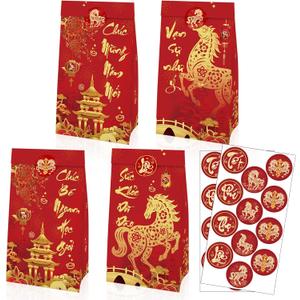 IRCOR Vietnamese New Year Gift Bags with Envelopes and Stickers, 12PCS Tet Party Favor Bags with 12 Red Envelopes (L X) & 24 Stickers for Lunar New Year Celebration