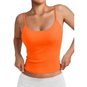 Trendy Queen Double Lined Adjustable Spaghetti Strap Tank Top for Women Cute Summer Basic Crop Top for Teen Workout Going Out (Small, Orange)
