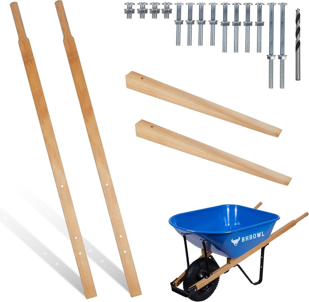 BHROWL Wheelbarrow Handles Replacement Kit – 2 60-Inch Heavy-Duty Wooden Handles – Universal Fit – Includes Bolts, Nuts & Wedges – Pre-Drilled - FSC-Certified Eco-Friendly Wood – Plant a Tree