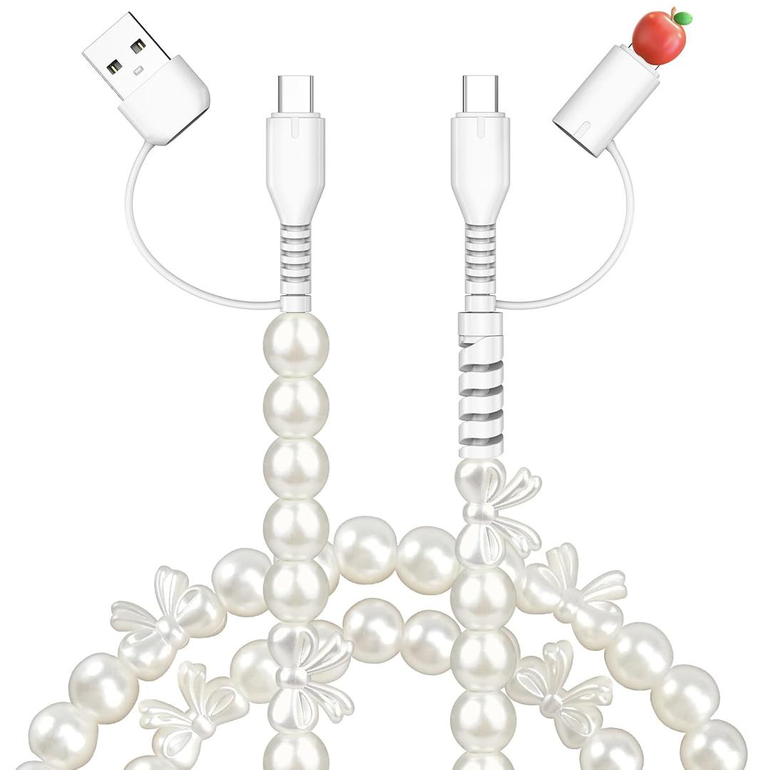 USB C Cable 2M 4 in 1Multi Charging Cable 6FT [MFi Certified] Bow Beaded Pearl iPhone Charger Cord with Bowknot USB C to USB C Multi Fast Charger Cable 5FT for iPhone 17 Air 16 Pro Max, for Galaxy S25