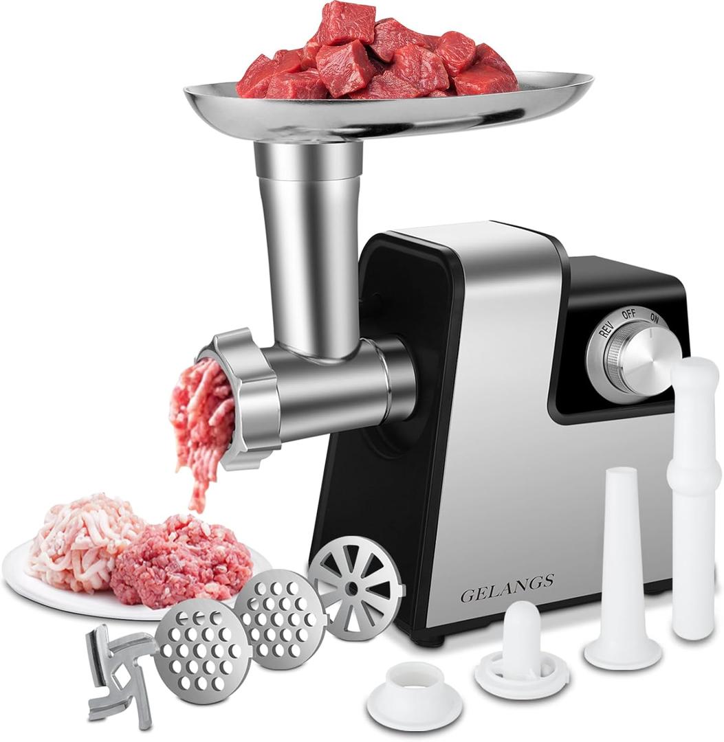 Electric Meat Grinder, 350W Heavy Duty Stainless Steel Food Grinder with Sausage Stuffer Tubes & Kubbe Kit, 3 Grinding Plates for Home Kitchen Use