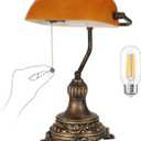 NISSAFORS Bankers Lamp with Pull Switch, Amber Glass Desk Lamp with Retro Black/Gold Finish, Vintage Table Lamps for Living Room, Home Office, Library, Piano LED Bulb Included (Amber)