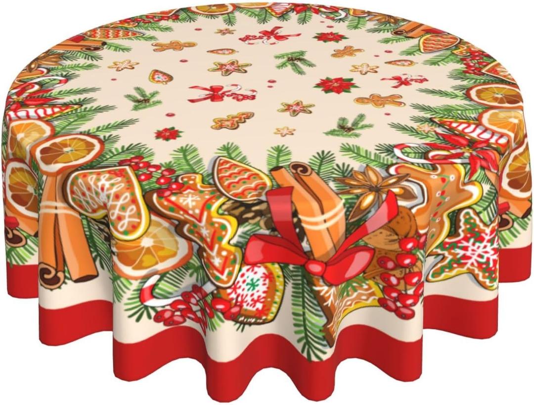 mutakin Christmas Gingerbread Man Round Tablecloth 60 Inch Washable Reusable Decoration Table Cover for Kitchen Party
