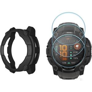 Watch Screen Protector +Watch Case Cover for Garmin Instinct 3 50mm, [3-PCS] Tempered Glass Film & Soft TPU Bumper, Anti-Scratch, Bubble-Free, HD Clear, Shockproof Protection (Black)