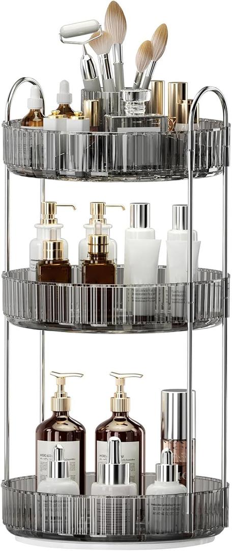 360 Rotating Makeup Organizer, Upgraded 3 Tier Skincare Perfume Organizers for Women, Bathroom Organizer Countertop, Clear Cosmetic Dresser Organizer with Makeup Brush Holder, Sink&Counter(Grey)