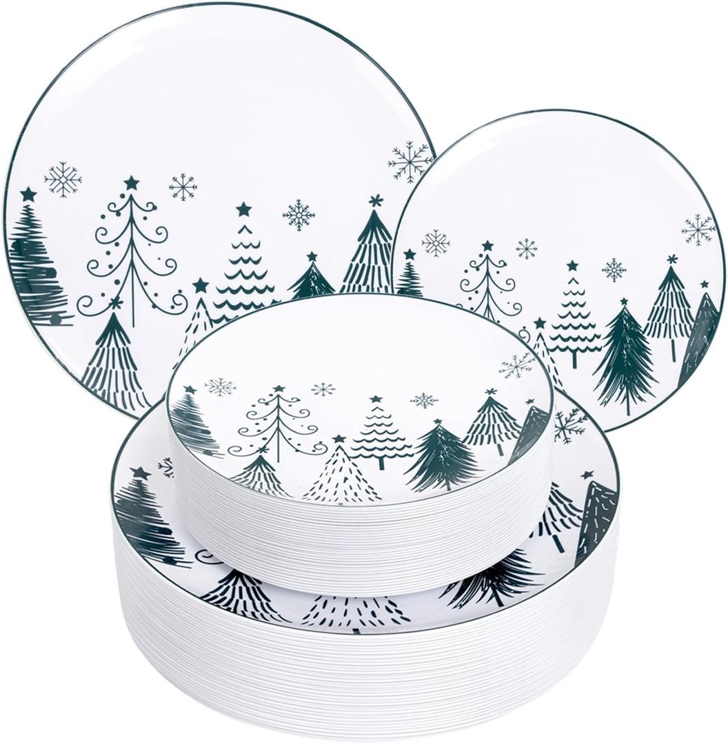 FLOWERCAT 100PCS Christmas Plates & Christmas Tree Plates - Heavy Duty Christmas Plastic Plates Disposable for Party - Include 50PCS 10.25inch Christmas Dinner Plates - 50PCS 7.5inch Dessert Plates (60)