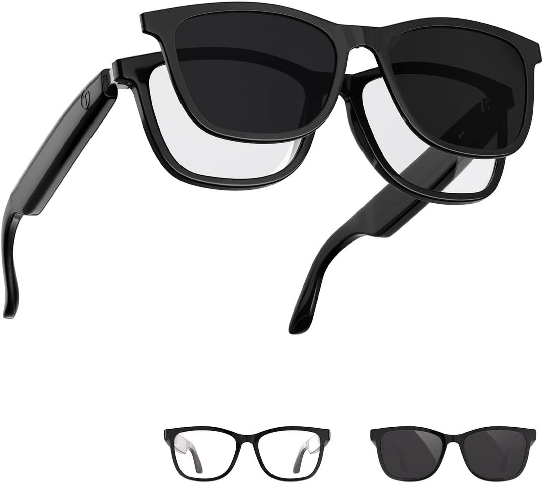Smart Glasses with Bluetooth, 2-in-1 Magnetic Sunglasses (Blue Light Blocking & UV400), Bluetooth Glasses for Men/Women with Voice Assistant, Smart Sunglasses for Outdoor (With Black Lenses)