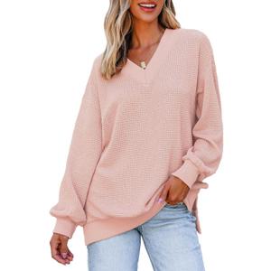 Dokotoo Women's V Neck Long Sleeve Waffle Knit Tops Off Shoulder Oversized Pullover Sweater (XX-Large, Pink) Dokotoo Women's V Neck Long Sleeve Waffle Knit Tops Off Shoulder Oversized Pullover Sweater (XX-Large, Pink)