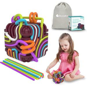 BunnyBoo Sensory Activity Board, 3D Silicone Toys for Kids with Autism & ADHD,Sensory Fidget Toys for Anxiety Relief, Calming & Focusing, BPA-Free, 15 Colorful Strings, Storage Bag(Red)