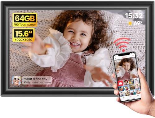 64GB 15.6" Frameo Digital Picture Frame WiFi, Large Electronic Photo Frames 1920 x 1080 IPS FHD Touch Screen, Send Photos from Your Phone from Anywhere, Best Gifts for Parents and Grandparents, Black