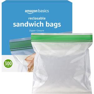 Amazon Basics Resealable Double Zipper Sandwich Storage Bags for Food Storage, 300 Count (Previously Solimo)