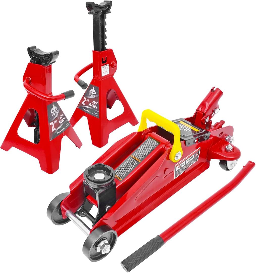 Jack Boss 2T Hydraulic Floor Jack Combo with Two Jack Stands, 4000 lbs Capacity Trolley Service Jack Combo Red