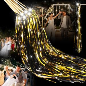 24 Pcs Lighted Wedding Wands LED Tinsel Wands Light up Streamers Sparklers for Wedding Send Off and Exits Birthday Party Props Favors(Black Gold Tinsel)