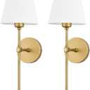 Bsmathom Wall Sconces Sets of 2, Classic Brushed Brass Sconces Wall Lighting, Hardwired Bathroom Vanity Light Fixture with Fabric Shade for Bedroom Living Room Hallway Kitchen, Gold