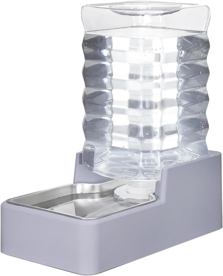 Automatic Pet Water Dispenser: 8L Light Gray Gravity Feeder with Stainless Steel Bowl - BPA-Free for Dogs Cats - No Spill Design