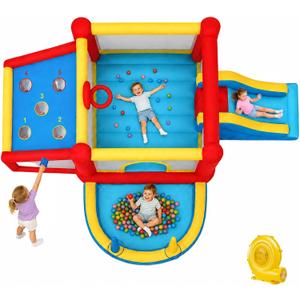 9 in 1 Inflatable Bounce House Kid Trampoline with Tall Slide, Ball Pit Pool, Skill Soccer, Throwing Sandbags Game, for Home Party or Outdoor Ages 3-10 with 520W Blower 190"x138"x76", Large