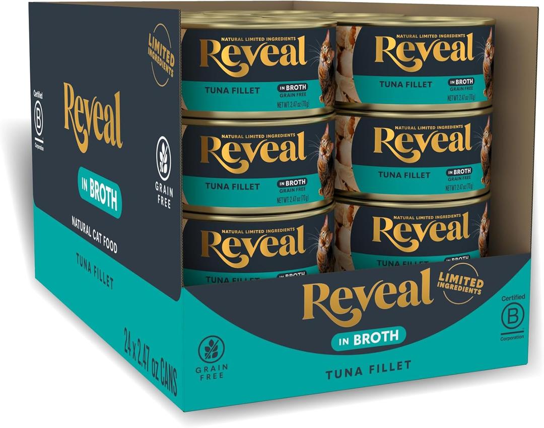 Reveal Natural Wet Cat Food, 24 Count, Grain Free, Limited Ingredient Canned Food for Cats, Tuna Fillet in Broth, 2.47 oz Cans (EXP 02/27/27) Reveal Natural Wet Cat Food, 24 Count, Grain Free, Limited Ingredient Canned Food for Cats, Tuna Fillet in Broth, 2.47 oz Cans (EXP 02/27/27)