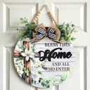 AceOrbit Welcome Sign for Front Door Bless This Home and All Who Enter Rustic Wood Wall Hanging Outdoor Decor Christian Fence Decorations Hanging Gift for Spring Summer All Seasons