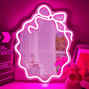 Bow Mirror Neon Signs for wall decor Pink Led Signs for coquette room decor Bow Wall Art Neon Light Dimmable Mirror Light Up Sign for Dresser Gifts
