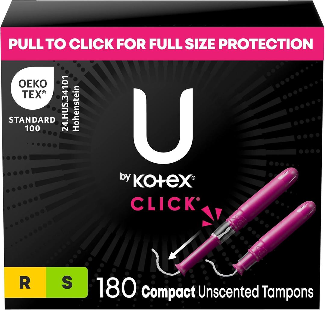 U by Kotex Click Multipack Tampons, Compact, Regular/Super Absorbency, Unscented, 180 Count (6 Packs of 30) (Packaging May Vary)
