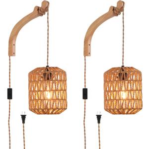 Plug in Wall Sconce,Farmhouse Wicker Wall Lamp Plug in,Hand Woven Rattan Wall Light Farmhouse Rustic Boho Sconces Wall Lighting for Living Room Bedroom