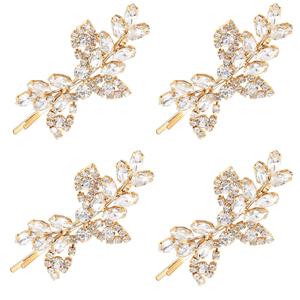 Waydress 4 Pcs Rhinestone Hair Clip Wedding Bridal Hair Barrette Decorative Leaf Crystal Side Hairpin Accessories for Women(Rhinestone Style,Gold)