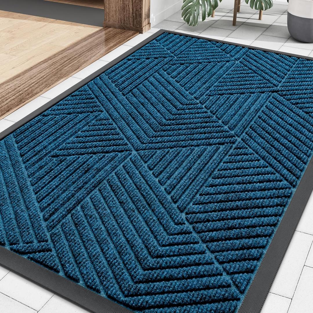 Smiry Front Door Mat Outside Entrance, Heavy Duty Sturdy Natural Rubber Doormat, Trap Dirt and Moisture, Easy Clean Low Profile Mats for Indoor Outdoor Entry, Irregular Triangle (29.5x17, Mixed Blue)