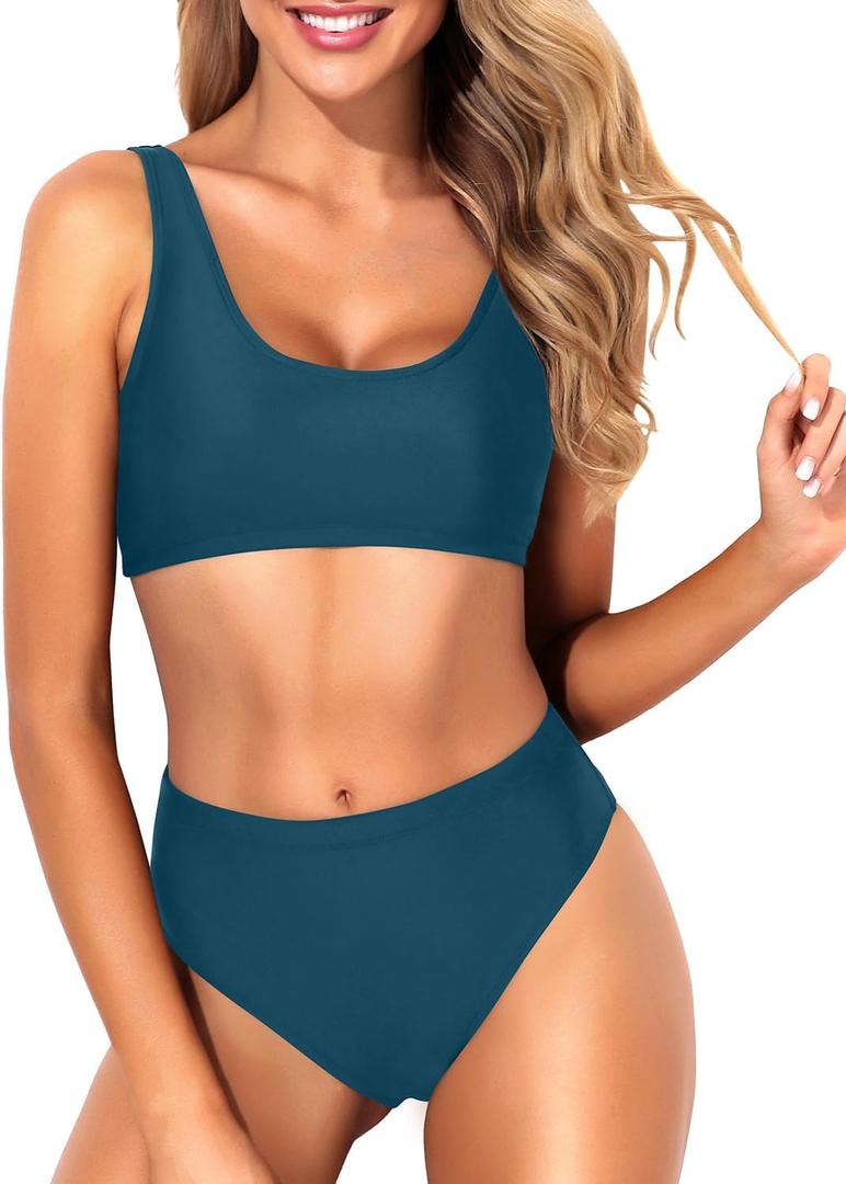 Tempt Me Women Blue Green Sporty Bikini Set Two Piece High Waisted Swimsuit Athletic Scoop Neck Bathing Suit L