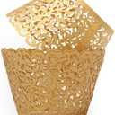 100pcs Cupcake Wrappers Artistic Bake Cake Paper Cups Little Vine Lace Laser Cut Liner Baking Cup Muffin Case Trays for Wedding Party Birthday Decoration (Gold)