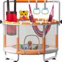 55" Kids Indoor Trampoline with Safety Net, Adjustable Gymnastics Bar & Toys  Indoor/Outdoor Toddler Play Gym for Boys & Girls Ages 3+, Birthday Gifts (White (Powder-Coated))