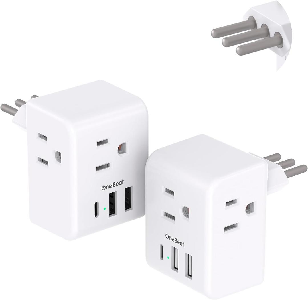 2 Pack Italy Travel Plug Adapter, Type L Italy Power Adapter with 3 American Outlets 3 USB Ports(1USB C), 6 in 1 Travel Outlet Adaptor, 3 Prong Grounded Plug for USA to Italy Chile Uruguay Italian White