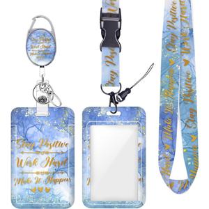 ID Badge Holder with Lanyard Retractable Badge Reel, Inspirational Quote Lanyards for Id Badges Vertical Id Protector Badge Clip for Women Friends Nurse Doctor Teacher Office Gifts (Blue Marble)