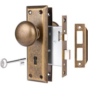 Mortise Lock Set for Interior Door, Vintage Door Knobs with Lock and Skeleton Key, Antique Brass Door Knobs for Old Style Doors