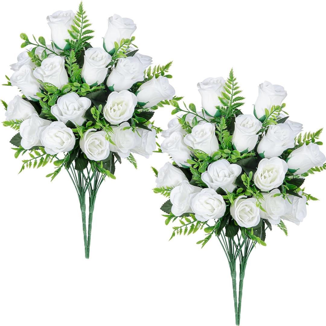 XONOR Artificial Rose Flowers - 4Bouquets Realistic Fake Silk Roses for Wedding Party Home Centerpieces Office DIY Cemetery Grave Decoration (Pack of 4, White)