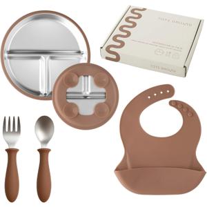 Stainless Steel Toddler Feeding Set 4 Pieces  Suction Plate, Silicone Bib, Spoon & Fork  Divided Plates for Baby Led Weaning, BPA-Free, Removable Shell (Mocha Mousse)