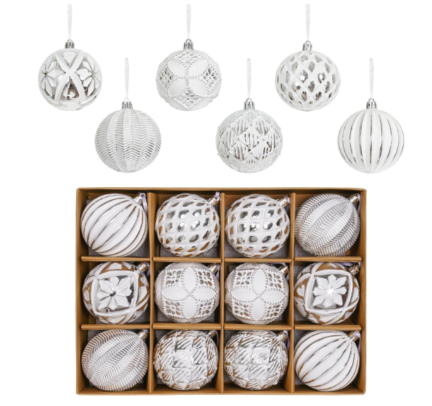 Lanpn 6 Pcs 6" Large Christmas Balls Ornaments, Outdoor Xmas Tree Hanging Decorations, Shatterproof Christmas Ball Ornament Set for Home Winter Holiday, Assorted Relief Pattern, White & Silver