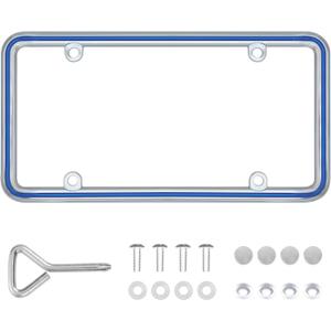 1pcs Heavy Duty Metal License Plate Frame, Made of Zinc Alloy with 4 Holes License Plate Holder Never Rust and Unbreakable, with Mounting Hardware Kit, Screws Caps (CHR-Blue)