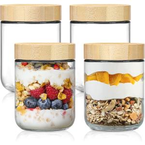 NETANY 4-pack 16oz Glass jars with Airtight Lids, Overnight Oats Containers with Bamboo Lids, Wide mouth Mason Salad jars, Glass Food Storage Containers for Snacks Yogurt Spice Sugar