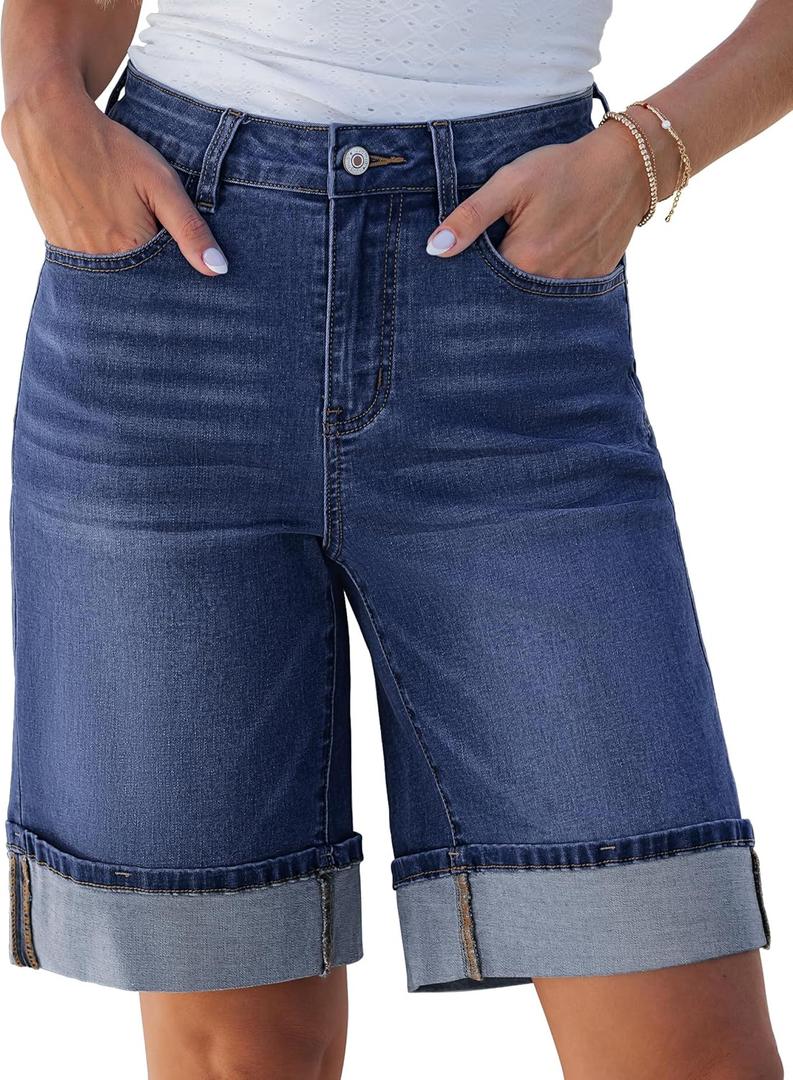 luvamia Jean Bermuda Shorts for Women High Waisted Knee Length Cuffed Long Stretchy Denim Shorts Loose Summer Jorts, Medium