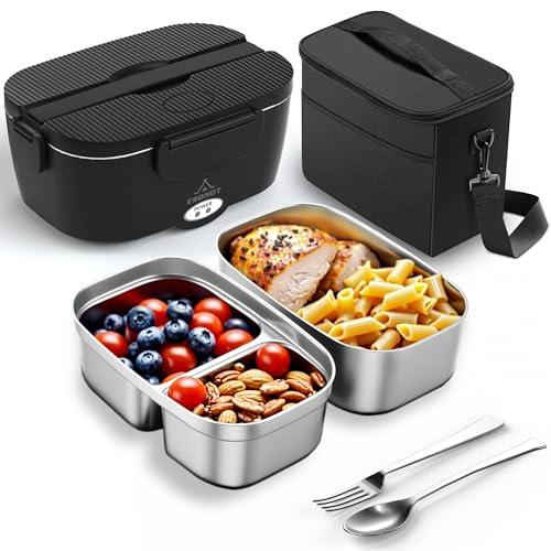 ESOHOT Heated Lunch Box,120W Electric Lunch Box for Adults with 1.5L 304 Stainless Steel Container, 12V/24V/110V Lonchera Eléctrica Portátil for Travel,Work,Car,Truck (Pure Black, 1.5L x 2)