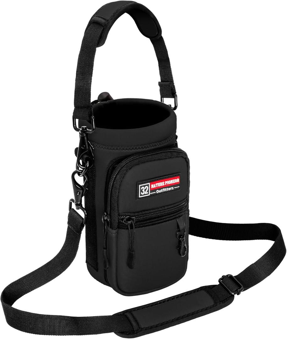 NATURE PIONEOR Water Bottle Holder with Strap,Water Bottle Carrier Bag Sling Sleeve with Adjustable Shoulder Strap & Handle and Large Phone Pocket for Walking,Hiking,Travelling for 25oz/32oz/40oz/64oz (Night Black)