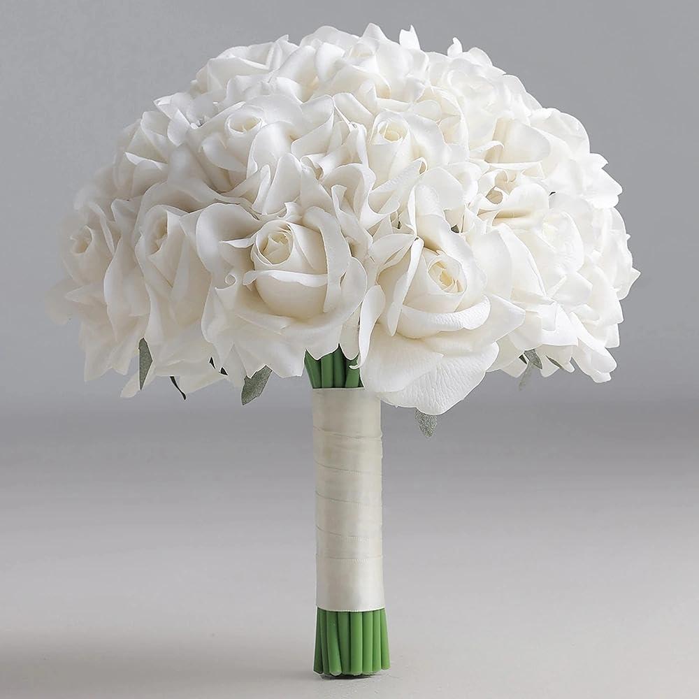 10 Inch Wedding Bouquets for Bride, Morandi Ivory Cream White Real Touch Rose Bridal Bouquet, Artificial Flower Bouquet for Wedding Ceremony, Prom, Bridal Shower