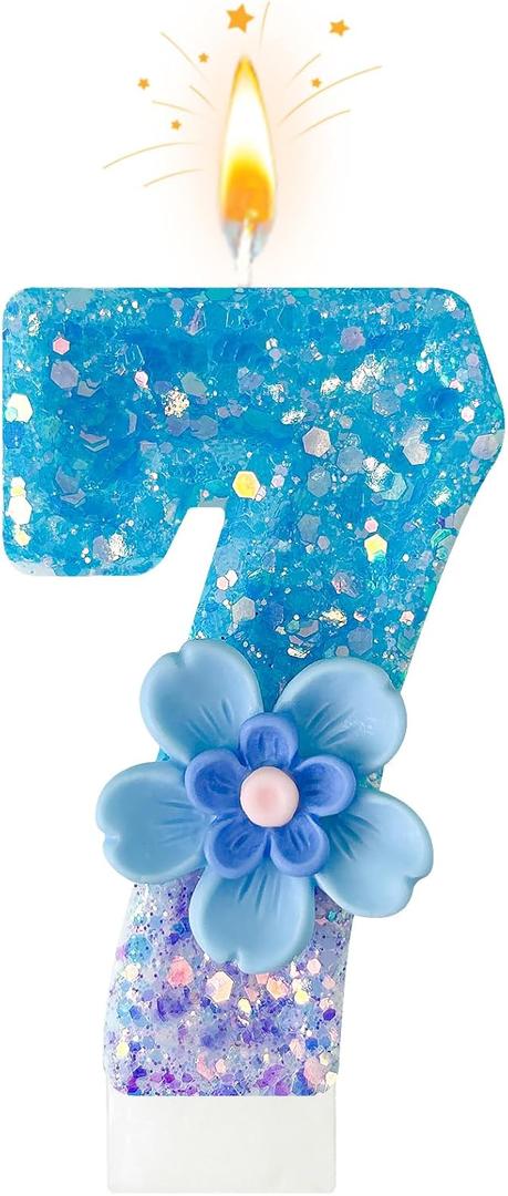 Blue Purple Flower Birthday Number Candles, Flower Theme Party Decorations, Cupcake Decorations, Suitable for Party Celebrations, Boys and Girls Birthday Decorations7