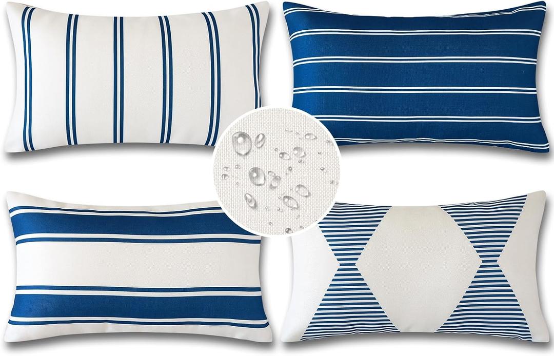 OTOSTAR Outdoor Decorative Pillow Covers Waterproof Garden Throw Pillow Covers 12x20 Inch Cushion Case Geometry Pillowcases Pillows Shell for Patio Furniture Couch Tent Balcony Pack of 4 (Navy Blue)