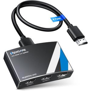 NEWCARE HDMI Splitter 1 in 3 Out, 4K@60Hz HDMI 2.0 Splitter w/ 4ft HDMI Cable, Auto Downscaler, Mirror Display to 3 Monitors(Not for Extended Display), Support Dobly Vision& Atmos, HDCP 2.2, 18.5Gbps
