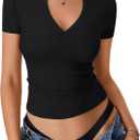 Rooscier Women's Notch V Neck Ribbed Knit Slim Fit Short Sleeve Basic T Shirts Blouse Tops (Black, M)