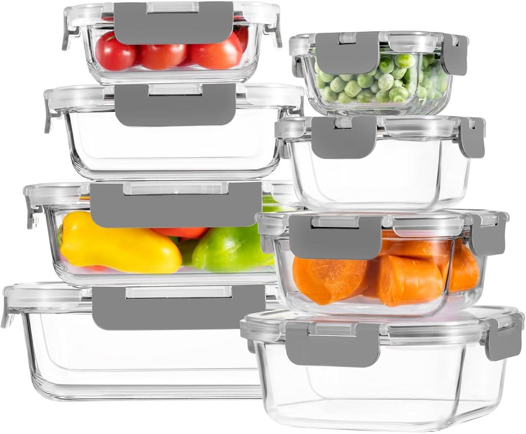 HOMBERKING 8 Pack Glass Food Storage Containers with Lids, Meal Prep Containers, Airtight Bento Boxes with Leak Proof Locking for Microwave, Oven, Freezer and Dishwasher, BPA Free, 5-35oz