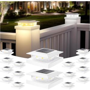 APONUO Solar Post Cap Lights for 4x4 5x5 Fence Posts, IP64 Waterproof Outdoor LED Deck Lights with 2 Modes (Warm White & Cool White), Auto On/Off Dusk to Dawn, Easy Install, White, 16 Pack